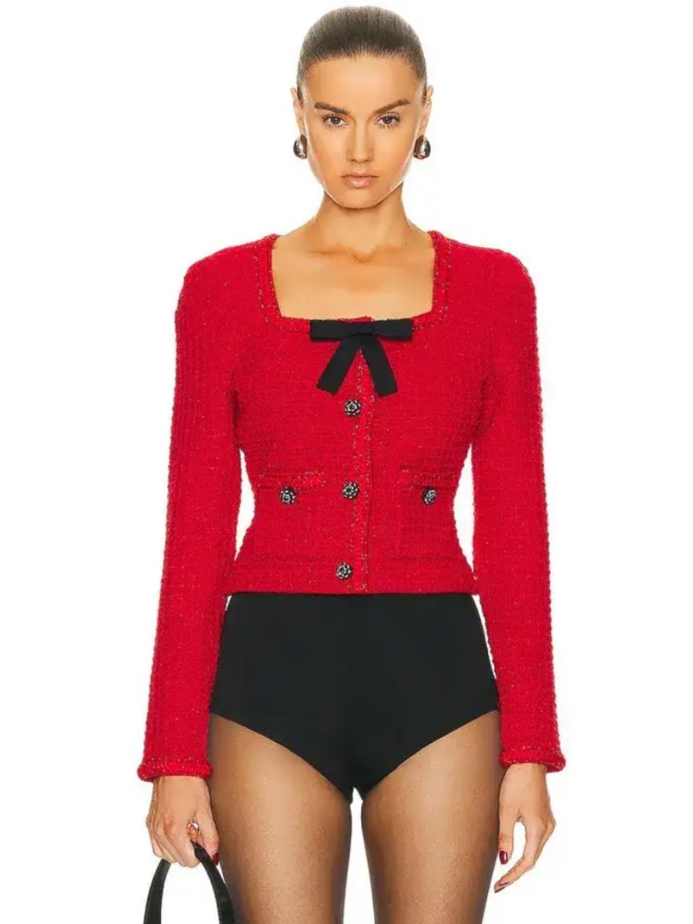 Self-Portrait Red Bouclé Bow Knit Cropped Jacket